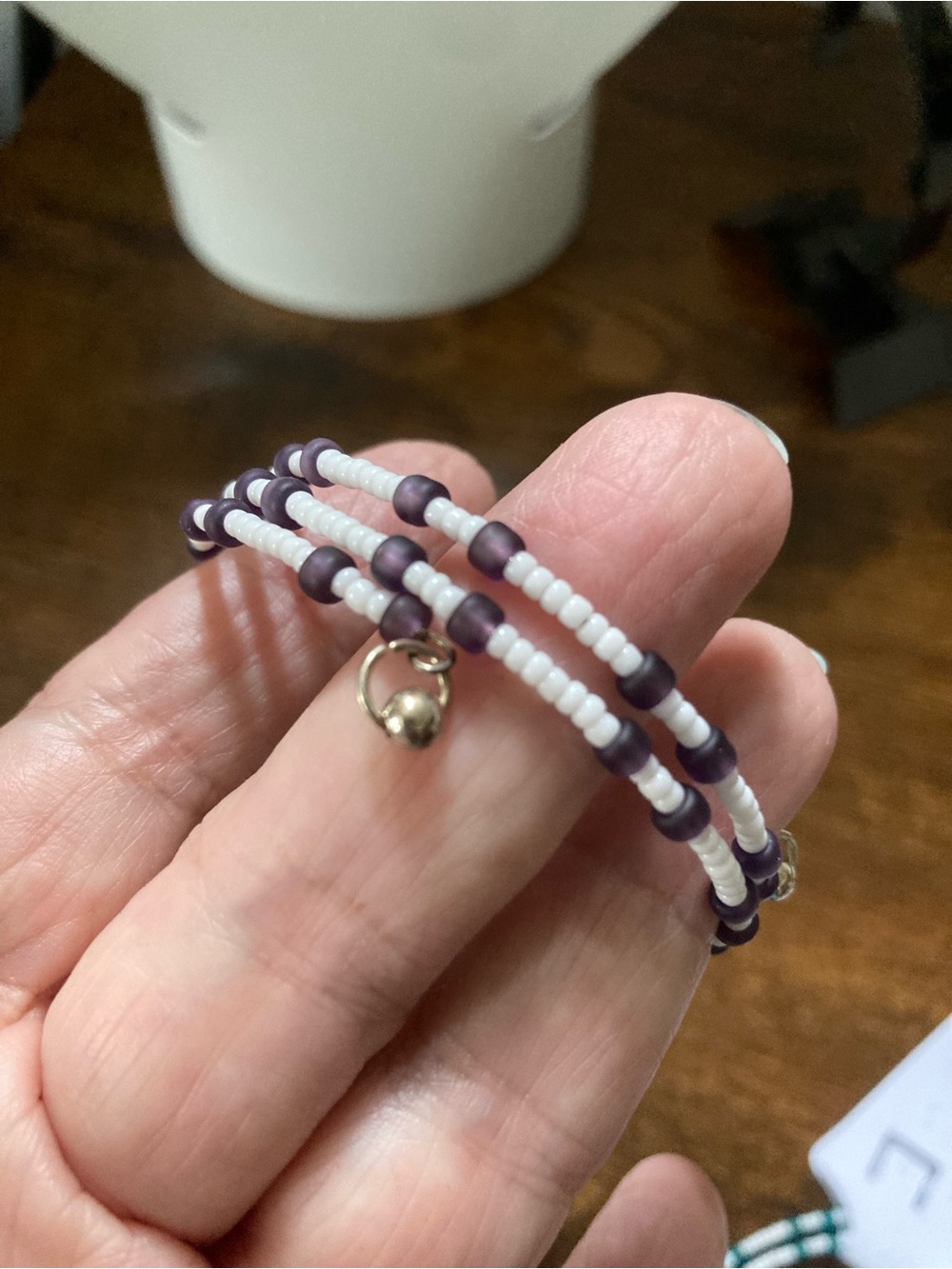 Hand Crafted White and Purple Beaded Wrap Bracelet with Gold Charm